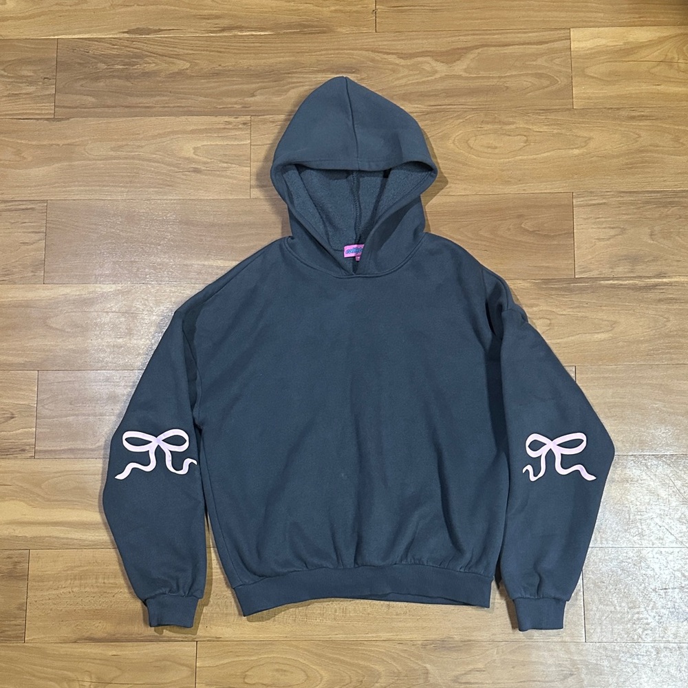 Edikted Charcoal Crewneck Hoodie with Pink Sleeve Bow Graphics